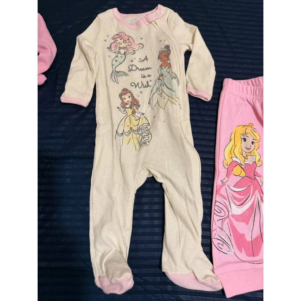 Disney Princess Baby Girls 3 Piece Pajama Set Footed Sleepers Pants 3-6M Pink